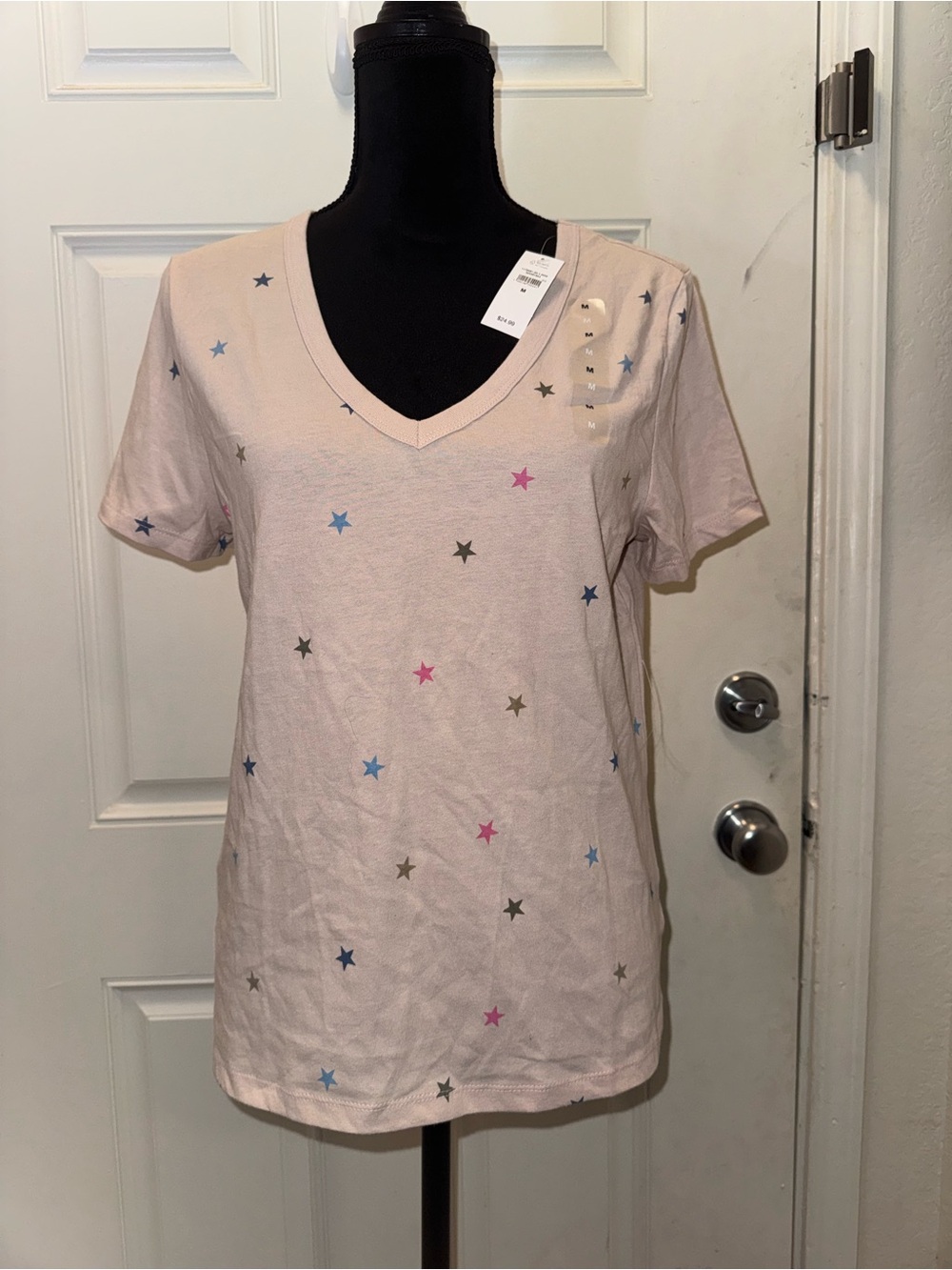 GAP Light Pink V-Neck Tee with Multicolor Star Print 0577